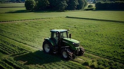 A modern tractor working on the greenfield, latest machineries and equipment in agriculture, AI generated