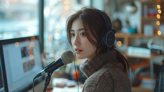 パソコンの前で歌う女性