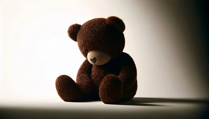 A dark brown teddy bear with a sorrowful expression