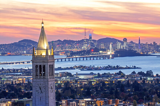 Sather Tower at UC Berkeley and San Francisco City Skyline