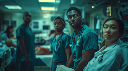 Emergency Room Diversity: A team of doctors and nurses from various ethnic backgrounds working together in a high-pressure emergency room setting, saving lives with skill and teamwork. - obrazy, fototapety, plakaty