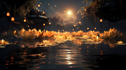 Photographing krathong floating gently on the water, Thailand Loy Krathong Festival - obrazy, fototapety, plakaty