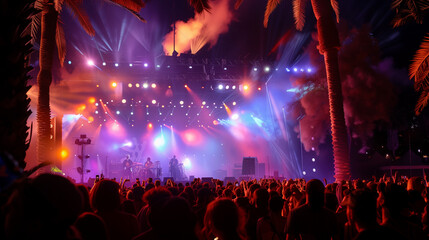 Festival Vibes: Electric Night Scene with Crowds Enjoying Live Music, Colorful Stage Lights at a Renowned Music Festival