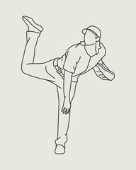 Line art illustration design of a male baseball athlete, throwing a ball