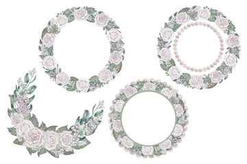 Watercolor floral wreaths of white roses, green leaves, lilac, eucalyptus in a pastel color in vintage style for wedding, Women's, Valentine's Day, template, clipart, wallpaper, scrapbook, stickers