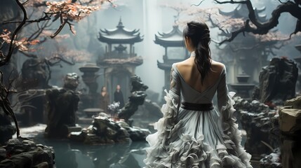 A cinematic shot of a Chinese model walking through an ancient winter garden, with snow-covered sculptures creating a timeless scene