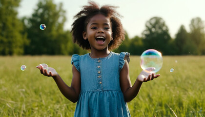 Happy Cute little African American girl play with soap bubbles - Powered by Adobe