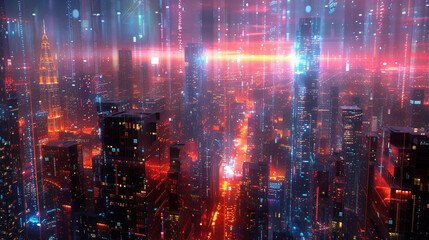 Night city pulsates with tech neon lights and digital dreams interlace 3D panorama