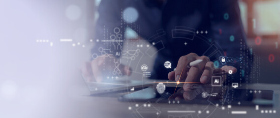 Computer programmer using digital tablet computer with artificial intelligence AI software development data science digital technology exchange of information technology background