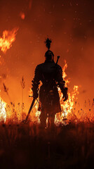 Obraz na płótnie Canvas A knight kings silhouette against a fire-ravaged wheat plantation