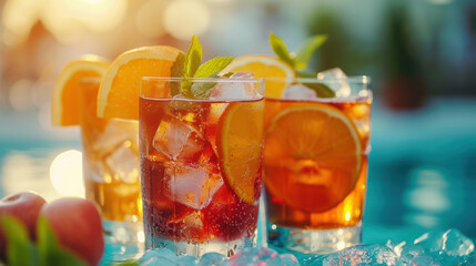 Refreshing cocktails garnished with fresh fruit and mint, served poolside under bright, sunny skies.