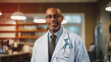 Fototapeta premium a backdrop of soft lighting, a smiling doctor looks directly at the camera, exuding warmth and approachability. Her eyes sparkle with kindness and empathy