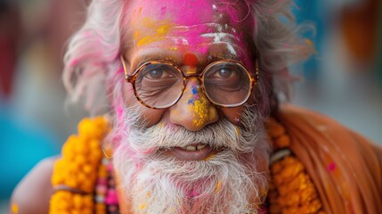 Man With Beard and Glasses Covered in Colored Paint