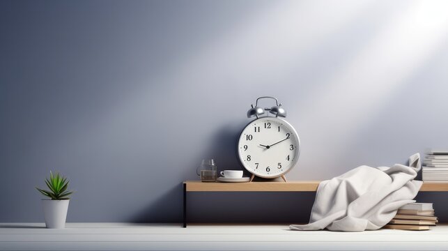 Alarm clock on a wooden table with a grey wall in the background.