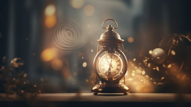 A close-up photo of a clock surrounding with a light effect on a table.