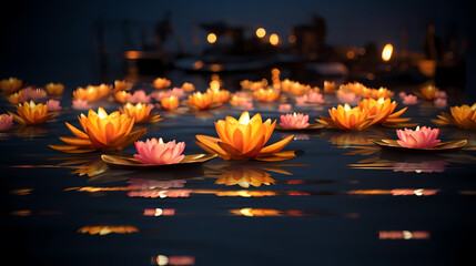 Photographing krathong floating gently on the water, Thailand Loy Krathong Festival