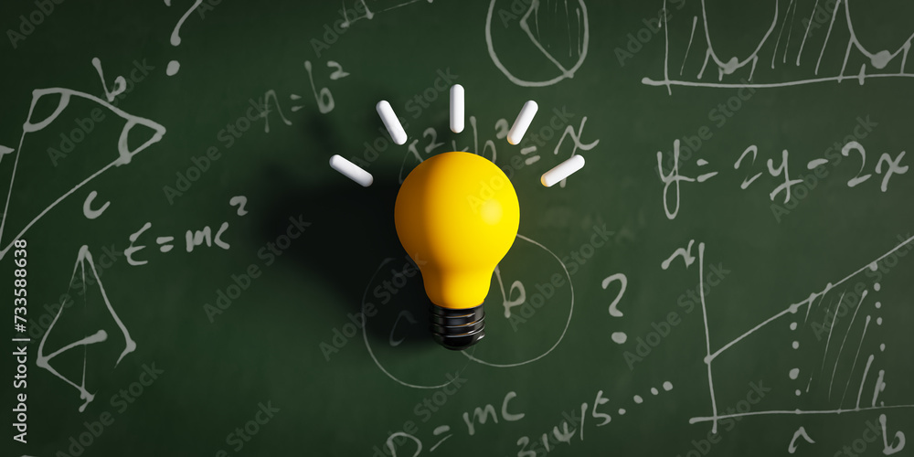 Poster concept with a yellow idea light bulb against the backdrop of handwriting on a blackboard. 3d render