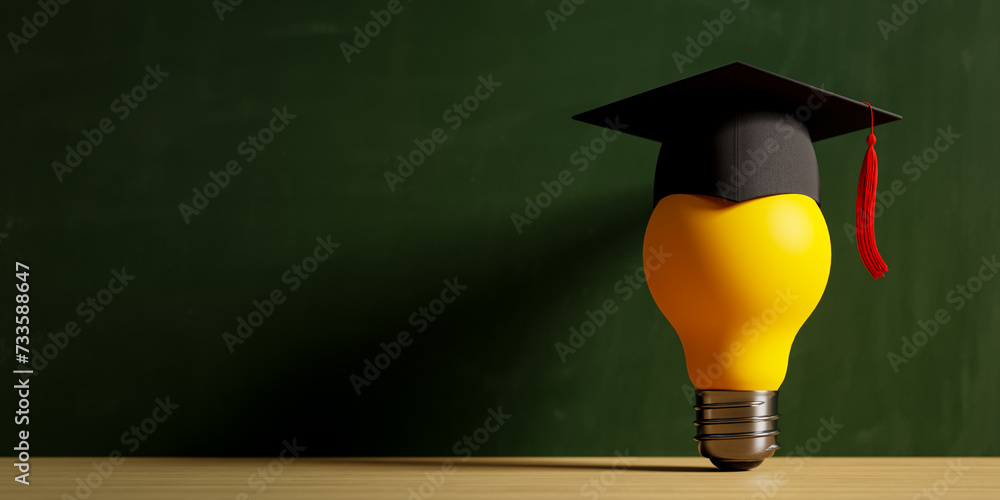Aufkleber concept with yellow idea light bulb on blackboard background. 3d rendering