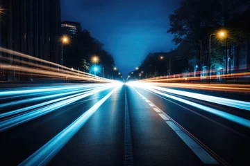 Tuinposter Abstract long exposure dynamic speed light in rural city road,  Cars on night highway with colorful light trails, Ai generated © Tanu