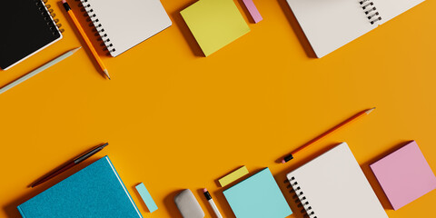Copy space background with study items on a yellow desk.3d rendering