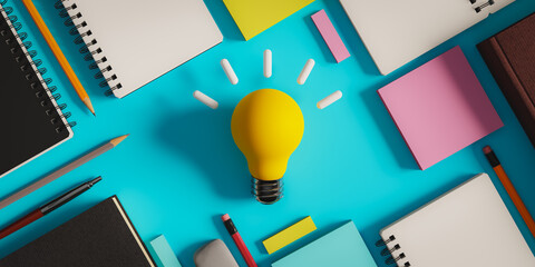 Concept background with study items and light bulb on desk. 3d rendering