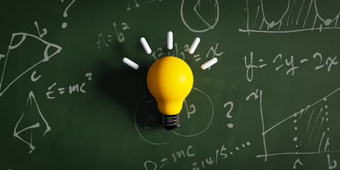 Concept with a yellow idea light bulb against the backdrop of handwriting on a blackboard. 3d...