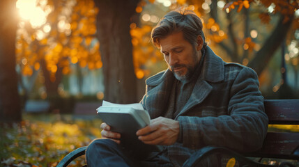 Freelancer Planning on a Digital Tablet in a City Park: A freelancer sitting on a park bench, planning their week on a digital tablet, combining work with a breath of fresh air. - obrazy, fototapety, plakaty