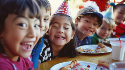 Joyful and extreme chaos of a kindergarten pizza celebration
