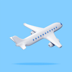 3D White Realistic Airplane Isolated on Blue Background. Render Passenger or Commercial Jet Icon. Time for Travel Concept. Traveling Booking Agency and Airlines. Holiday Vacation. Vector Illustration