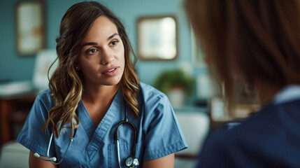 Mental Health Nurse Session: A mental health nurse providing compassionate care and counseling to a patient in a calm, welcoming office setting, emphasizing the importance of mental health care.