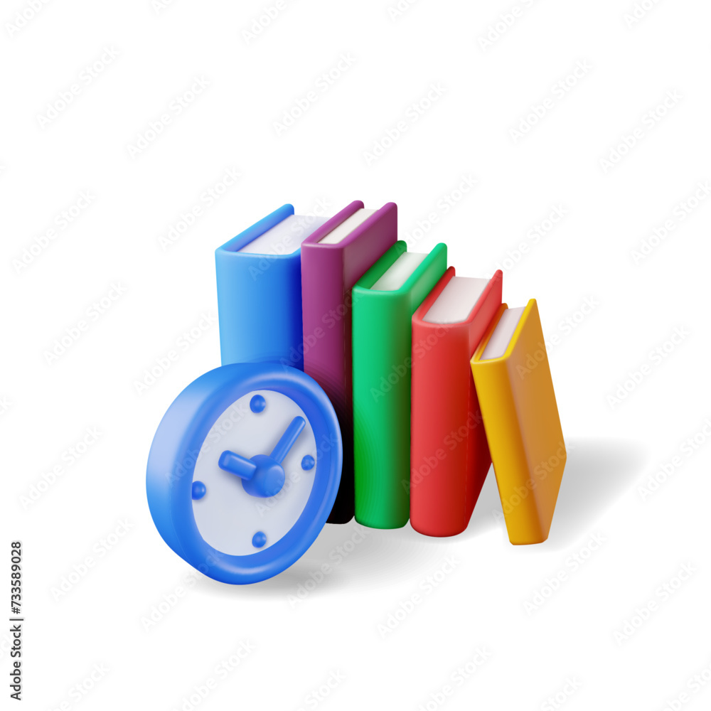 Poster 3d clock and stack of books isolated on white. render concept time to study. time management icon. b