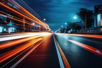 Fototapeta na wymiar Abstract long exposure dynamic speed light in rural city road, Cars on night highway with colorful light trails, Ai generated