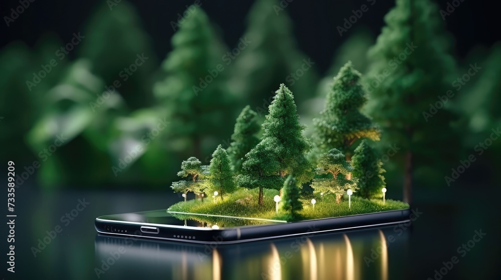 Poster a smartphone with a trees visualization on it.