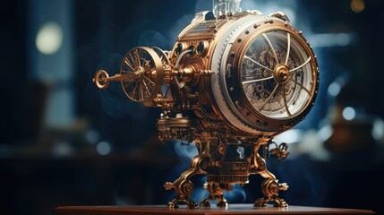 Fototapeta na wymiar A steampunk machine. It appears to be a complex device with many gears, pipes, and valves. 