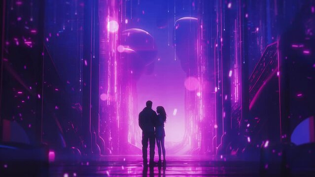 Couple at night a neon glowing planet