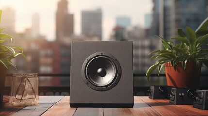 A speakers on the wooden floor.