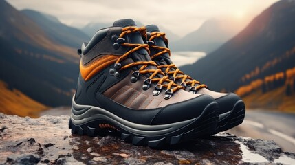 A pair of hiking boots on a gray rock. 