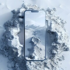 Smartphone in snow displaying mountain landscape. digital composite, concept image for technology and nature. perfect for advertising and editorials. AI