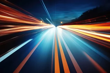 Papier Peint photo Lavable Autoroute dans la nuit Abstract long exposure dynamic speed light in rural city road,  Cars on night highway with colorful light trails, Ai generated