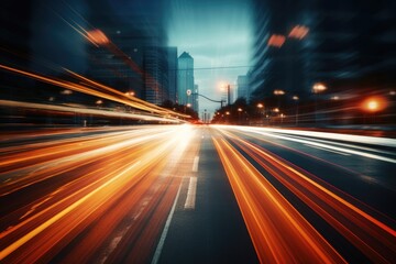 Fototapeta na wymiar Abstract long exposure dynamic speed light in rural city road, Ai generated