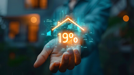 hand holding a house, Real estate investment concept. Person hold virtual house icon for analyzing mortgage loan home and insurance real property mortgage. interest rate, Generative AI 