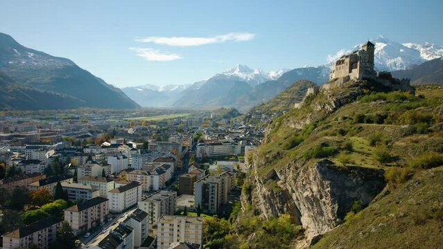 Valere Basilica - Fortified Church On Hill In Sion, Valais, Switzerland. Helicopter View During Autumn. aerial shot