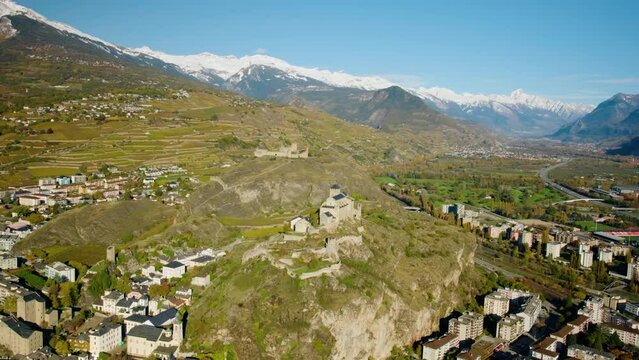 Panorama Of Valere Basilica And Tourbillon Castle In Sion, Canton Valais, Switzerland. Aerial Orbiting Shot