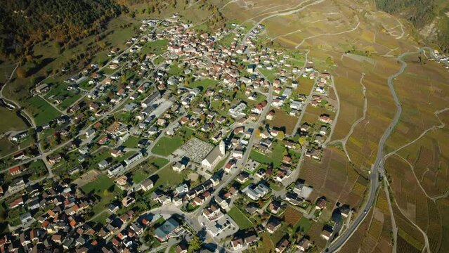 Erde Village In Conthey, Valais, Switzerland During Autumn - Aerial Shot