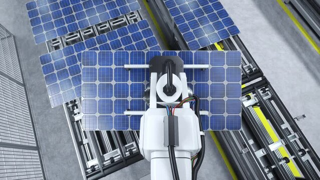 POV of robotic arms moving solar panels on conveyor belts during high tech production process in clean energy factory, 3D render. Machinery unit placing PV cells on assembly lines