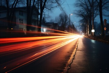 Abstract long exposure dynamic speed light in rural city road, Ai generated