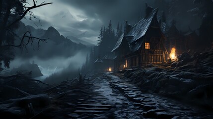 A cozy cabin nestled in a snowy forest, smoke rising from the chimney, and a faint trail of footprints leading towards the door