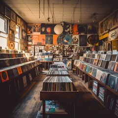 A vintage record store with shelves of vinyl records - obrazy, fototapety, plakaty
