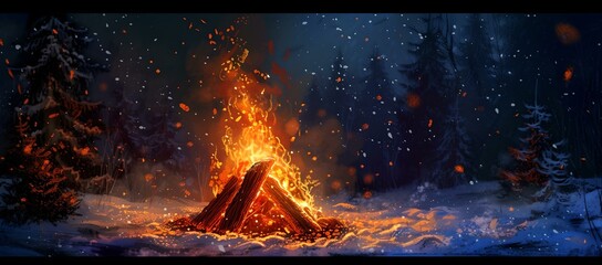 Blazing bonfire in a snowy forest at night. warmth in winter wilderness. peaceful natural scene captured in a panoramic style. AI