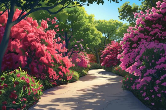 vibrant garden path winds through a lush field of colorful flowers, leading the eye towards a distant horizon